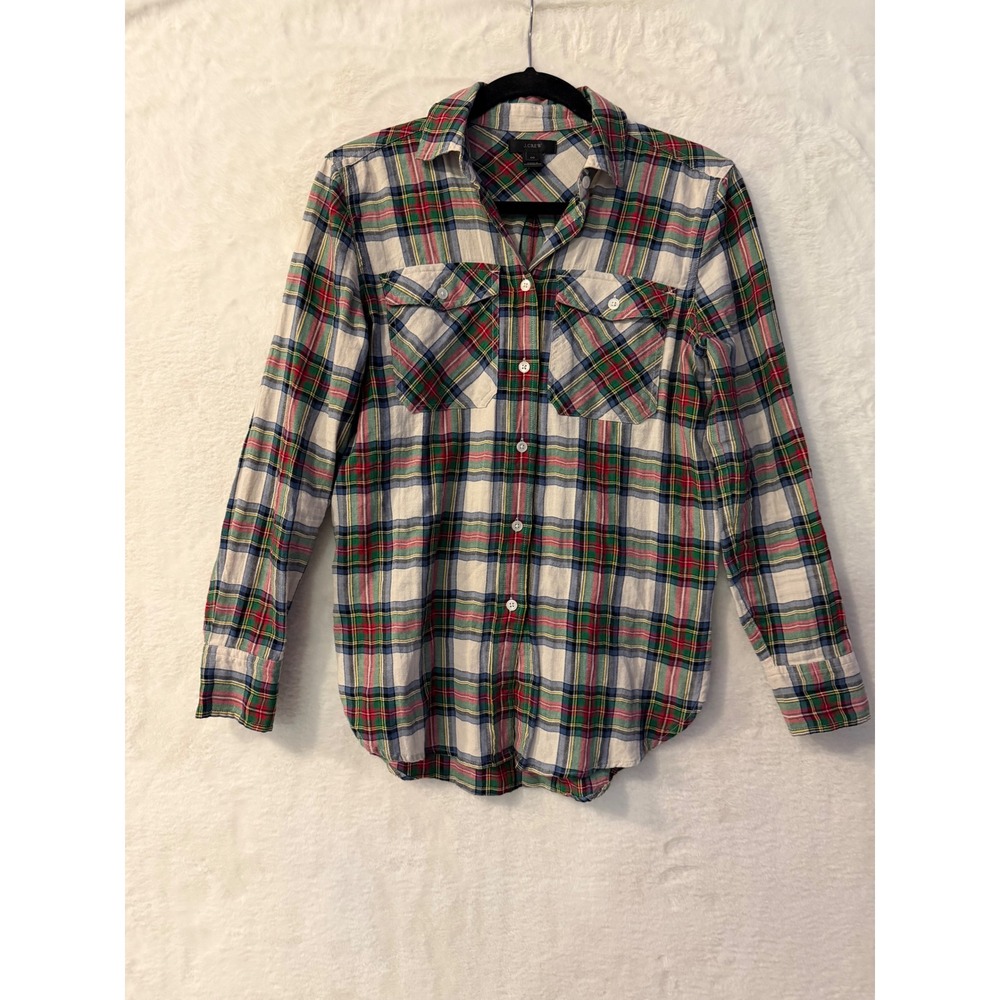 J.Crew Plaid Flannel Button Down Shirt Womens 00 Red Green Holiday Tartan H2304